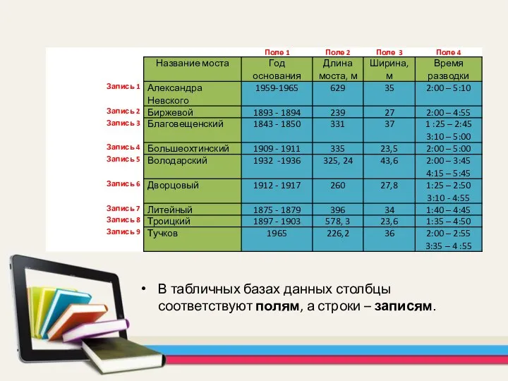 В табличных базах данных столбцы соответствуют полям, а строки – записям.