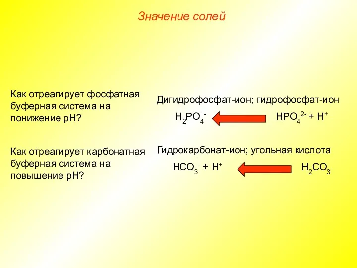 Дигидрофосфат-ион; гидрофосфат-ион Н2РО4- НРО42- + Н+ Гидрокарбонат-ион; угольная кислота НСО3- + Н+