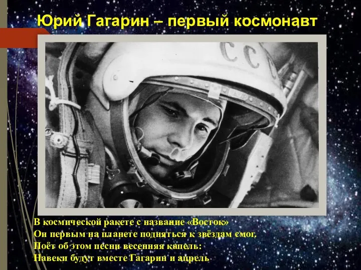 Юрий Гагарин – первый космонавт В космической ракете с название «Восток» Он