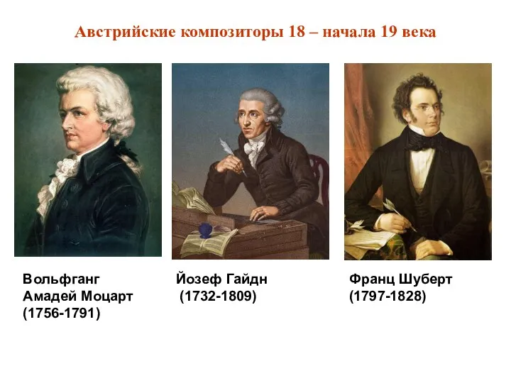 Австрийские композиторы 18 – начала 19 века Йозеф Гайдн (1732-1809) Вольфганг Амадей