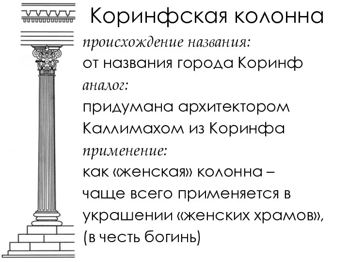 Коринфская колонна происхождение названия: от названия города Коринф аналог: придумана архитектором Каллимахом