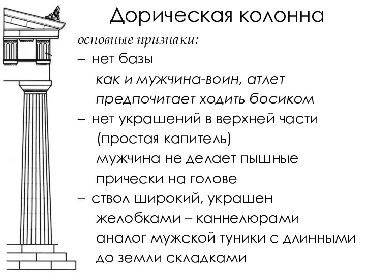 Дорическая колонна основные признаки: нет базы как и мужчина-воин, атлет предпочитает ходить