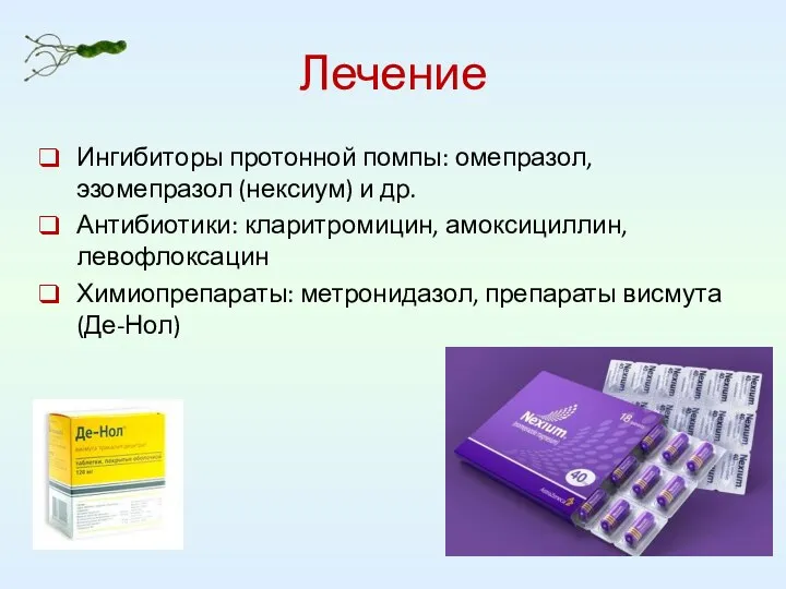 Лечение Ингибиторы протонной помпы: омепразол, эзомепразол (нексиум) и др. Антибиотики: кларитромицин, амоксициллин,