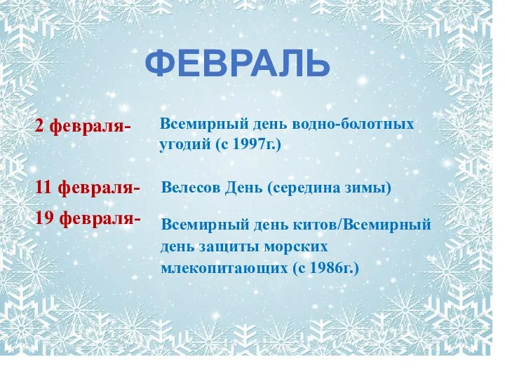 ФЕВРАЛЬ 2 февраля- 11 февраля- 19 февраля- Всемирный день водно-болотных угодий (с