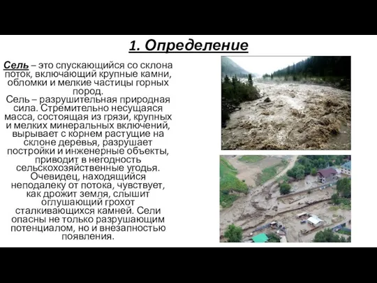 1. Определение Сель – это спускающийся со склона поток, включающий крупные камни,