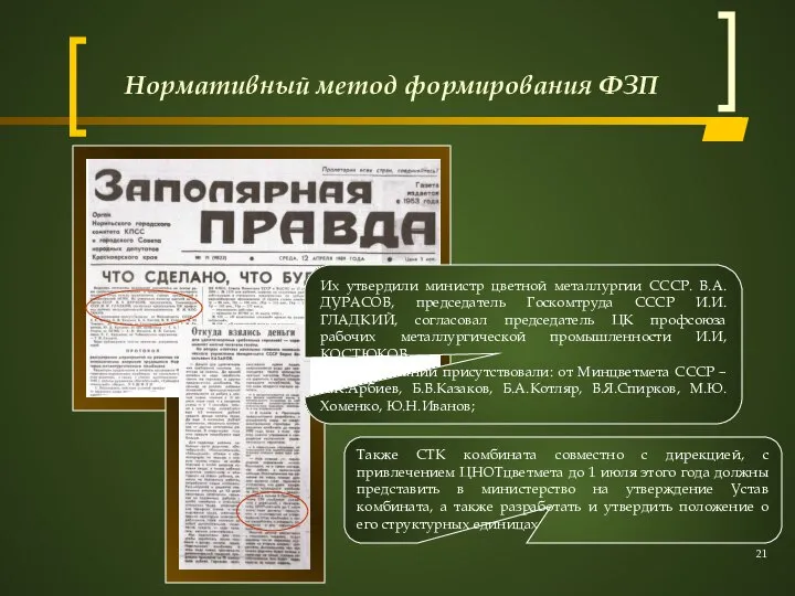 Нормативный метод формирования ФЗП Их утвердили министр цветной металлургии СССР. В.А.ДУРАСОВ, председатель