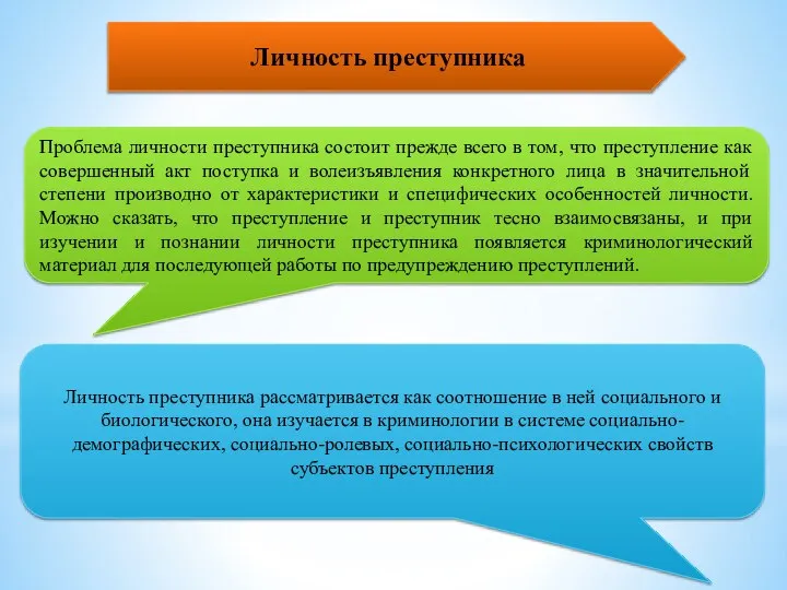 Личность преступника Проблема личности преступника состоит прежде всего в том, что преступление