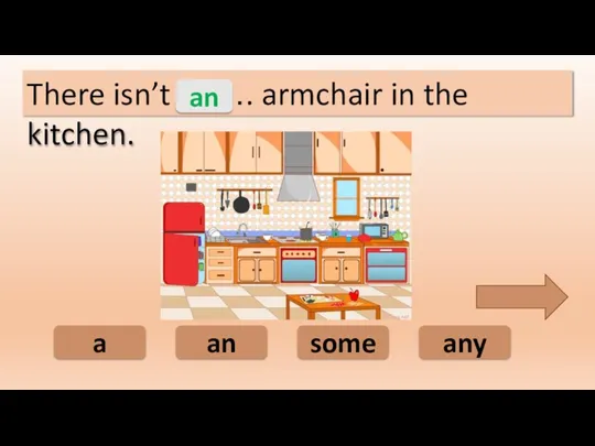 an a some any There isn’t ……. armchair in the kitchen. an