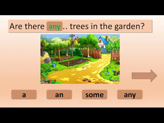 any an some a Are there ……. trees in the garden? any