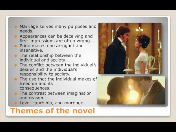 Themes of the novel Marriage serves many purposes and needs. Appearances can