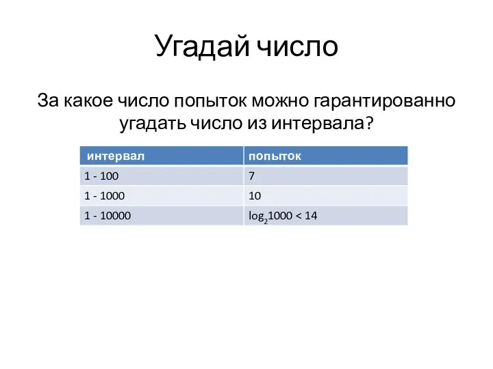 Угадай число За какое число попыток можно гарантированно угадать число из интервала?