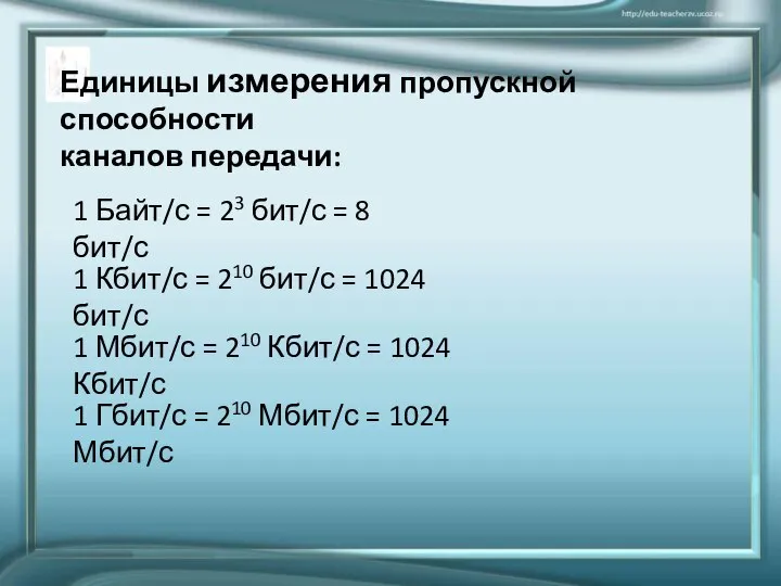 Единицы измерения пропускной способности каналов передачи: 1 Байт/с = 23 бит/с =