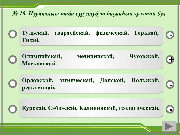 Тульскай, гвардейскай, физическай, Горькай, Тихэй. Олимпийскай, медицинскэй, Чусовской, Московскай. Орловскай, химическай, Донской,