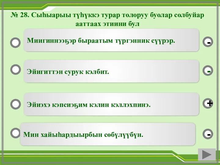 № 28. Сыһыарыы түһүккэ турар толоруу буолар солбуйар ааттаах этиини бул Эйигиттэн