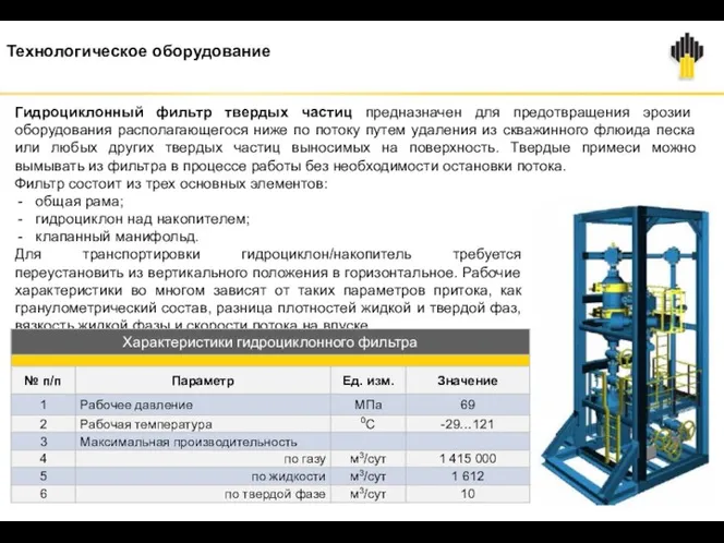 Технологическое оборудование Гидроциклонный фильтр твердых частиц предназначен для предотвращения эрозии оборудования располагающегося