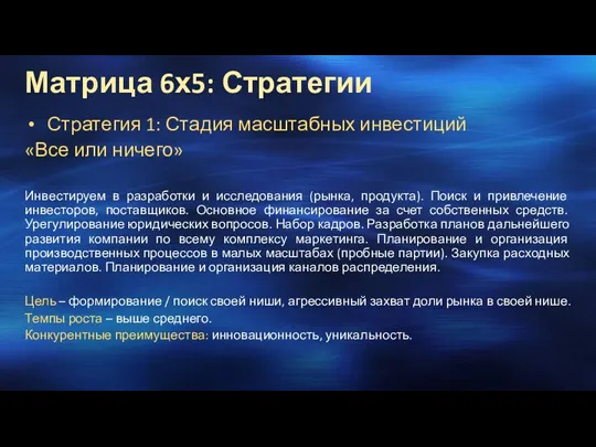 Стратегия 1: Стадия масштабных инвестиций «Все или ничего» Инвестируем в разработки и