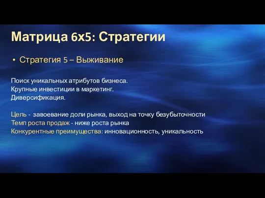 Стратегия 5 – Выживание Поиск уникальных атрибутов бизнеса. Крупные инвестиции в маркетинг.