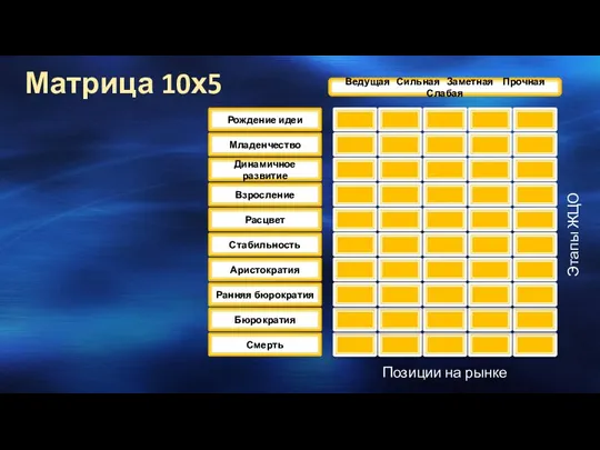 Матрица 10х5 Ведущая Сильная Заметная Прочная Слабая Рождение идеи Младенчество Динамичное развитие