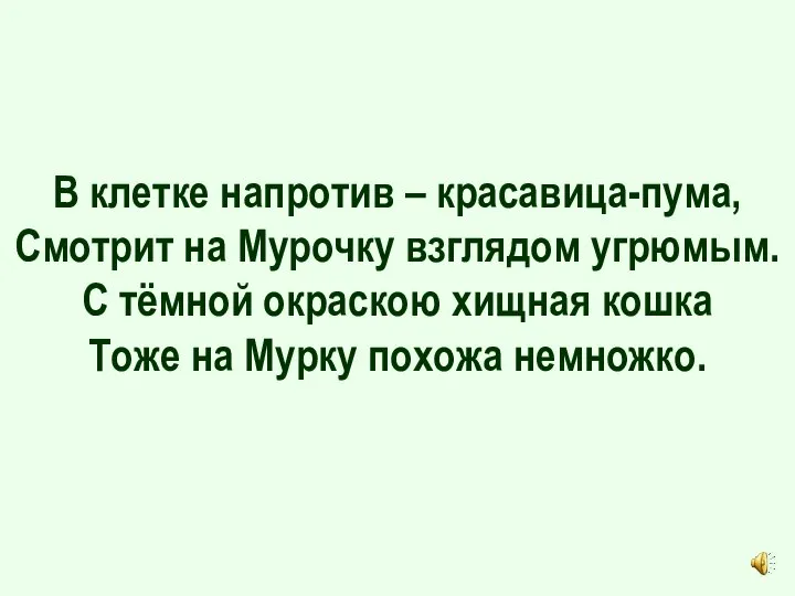 В клетке напротив – красавица-пума, Смотрит на Мурочку взглядом угрюмым. С тёмной