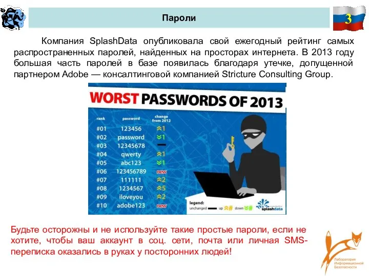 3 Пароли Компания SplashData опубликовала свой ежегодный рейтинг самых распространенных паролей, найденных