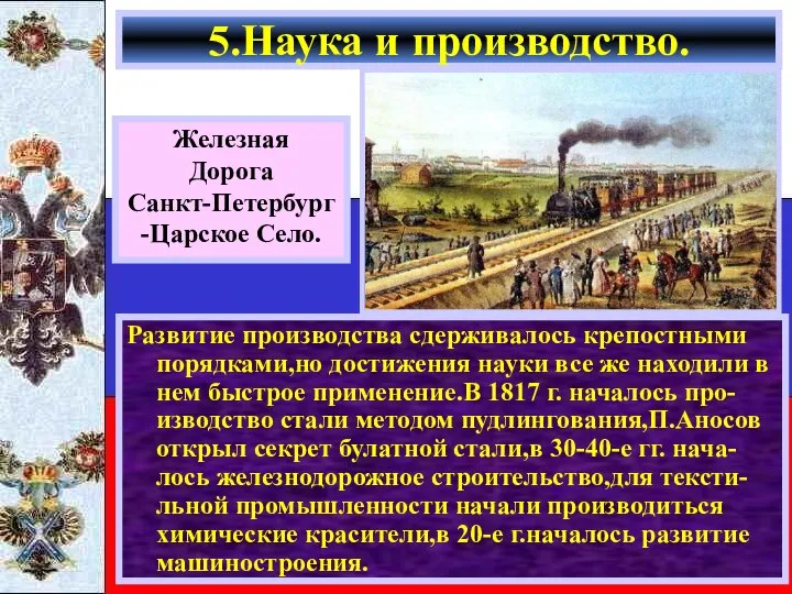 Железная Дорога Санкт-Петербург -Царское Село. Развитие производства сдерживалось крепостными порядками,но достижения науки