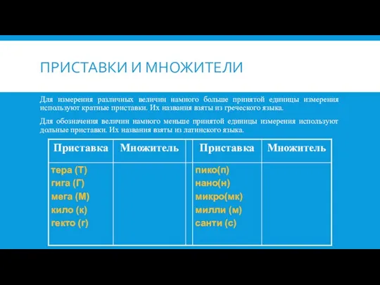 ПРИСТАВКИ И МНОЖИТЕЛИ Для измерения различных величин намного больше принятой единицы измерения