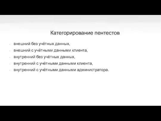 внешний без учётных данных, внешний с учётными данными клиента, внутренний без учётных