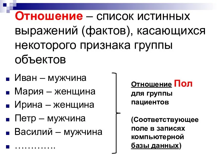 Отношение – список истинных выражений (фактов), касающихся некоторого признака группы объектов Иван