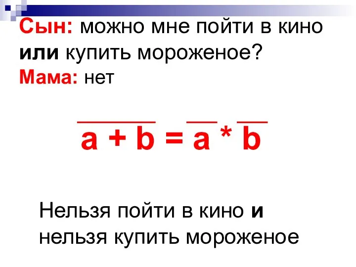 Сын: можно мне пойти в кино или купить мороженое? Мама: нет Нельзя