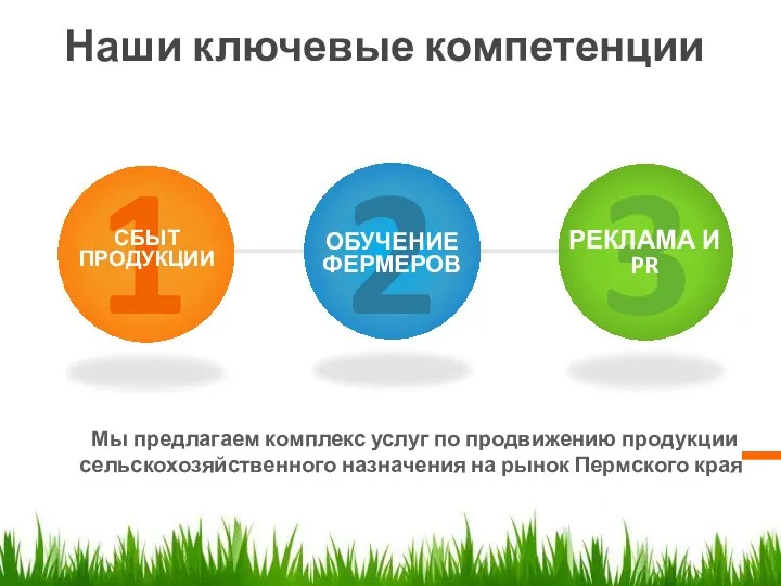 Наши ключевые компетенции Мы предлагаем комплекс услуг по продвижению продукции сельскохозяйственного назначения на рынок Пермского края