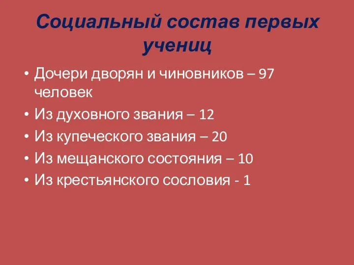 Социальный состав первых учениц Дочери дворян и чиновников – 97 человек Из