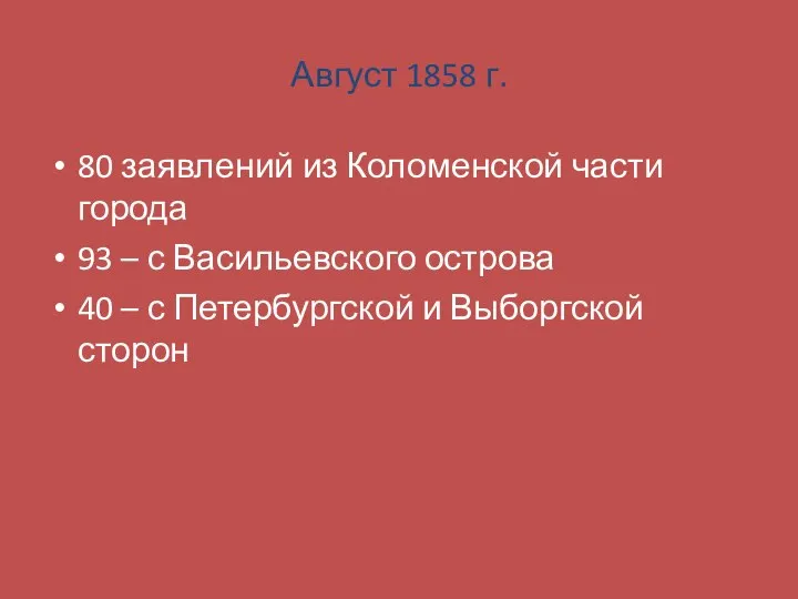 Август 1858 г. 80 заявлений из Коломенской части города 93 – с