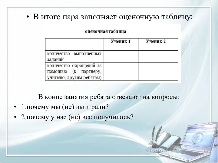 В итоге пара заполняет оценочную таблицу: В конце занятия ребята отвечают на