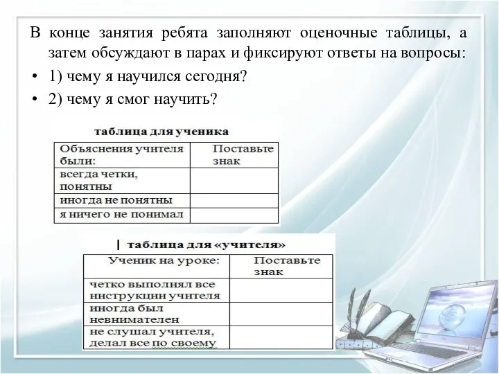 В конце занятия ребята заполняют оценочные таблицы, а затем обсуждают в парах