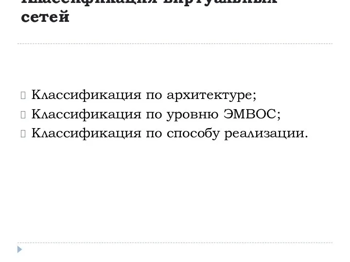 Классификация виртуальных сетей Классификация по архитектуре; Классификация по уровню ЭМВОС; Классификация по способу реализации.