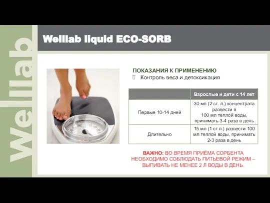 Welllab liquid ECO-SORB ПОКАЗАНИЯ К ПРИМЕНЕНИЮ Контроль веса и детоксикация ВАЖНО: ВО