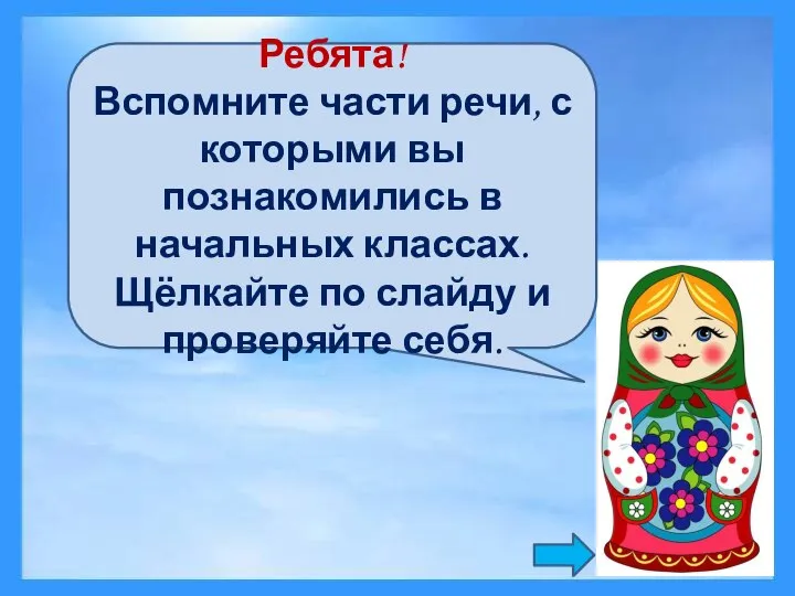 Ребята! Вспомните части речи, с которыми вы познакомились в начальных классах. Щёлкайте