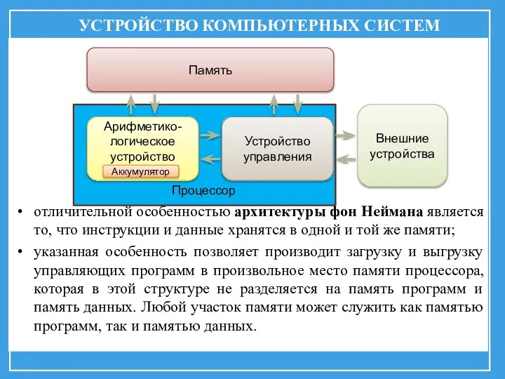 УСТРОЙСТВО КОМПЬЮТЕРНЫХ СИСТЕМ отличительной особенностью архитектуры фон Неймана является то, что инструкции