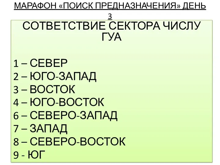 МАРАФОН «ПОИСК ПРЕДНАЗНАЧЕНИЯ» ДЕНЬ 3 СОТВЕТСТВИЕ СЕКТОРА ЧИСЛУ ГУА 1 – СЕВЕР