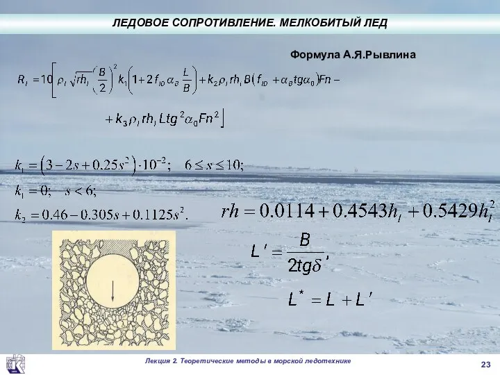 . Формула А.Я.Рывлина ЛЕДОВОЕ СОПРОТИВЛЕНИЕ. МЕЛКОБИТЫЙ ЛЕД