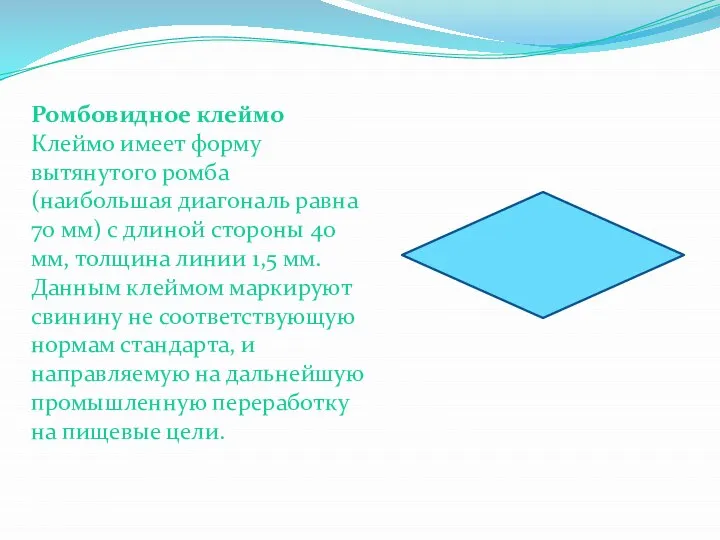 Ромбовидное клеймо Клеймо имеет форму вытянутого ромба (наибольшая диагональ равна 70 мм)