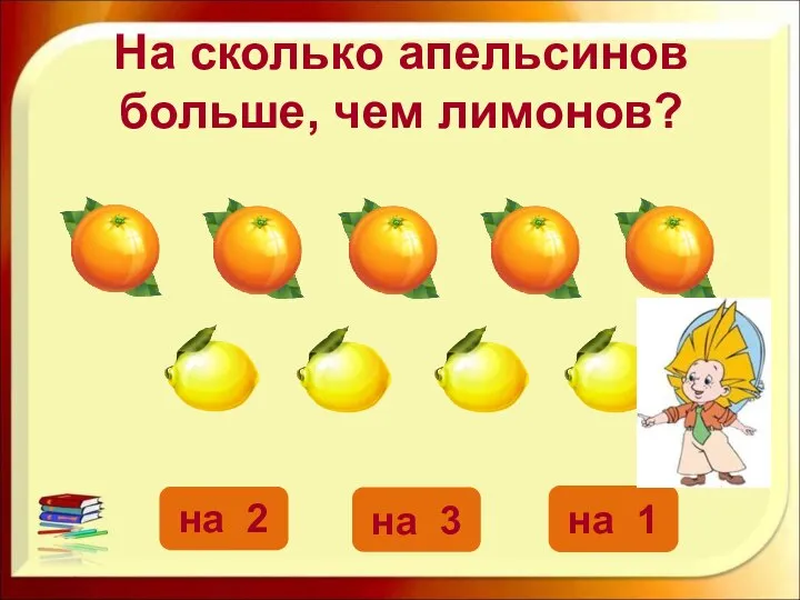 На сколько апельсинов больше, чем лимонов? на 1 на 2 на 3
