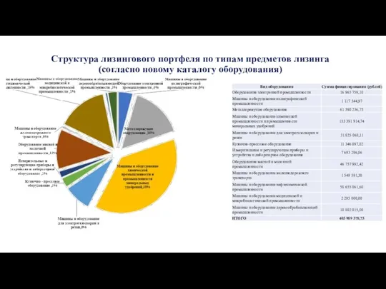 Структура лизингового портфеля по типам предметов лизинга (согласно новому каталогу оборудования)