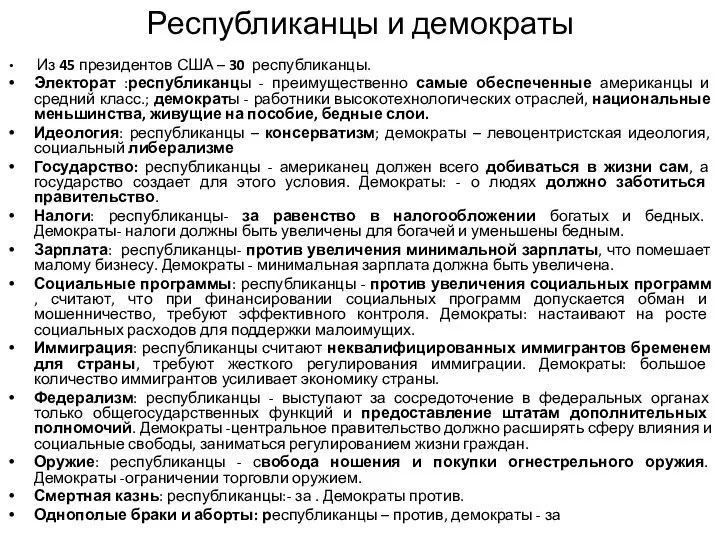 Республиканцы и демократы Из 45 президентов США – 30 республиканцы. Электорат :республиканцы