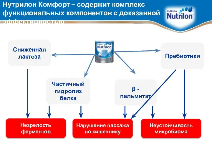 Нутрилон Комфорт – содержит комплекс функциональных компонентов с доказанной эффективностью Незрелость ферментов