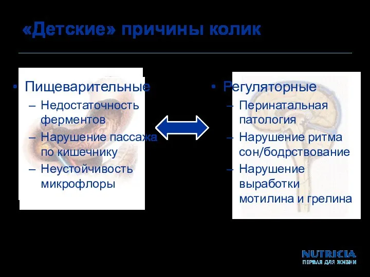 «Детские» причины колик Пищеварительные Недостаточность ферментов Нарушение пассажа по кишечнику Неустойчивость микрофлоры