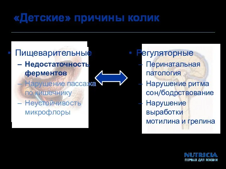 «Детские» причины колик Пищеварительные Недостаточность ферментов Нарушение пассажа по кишечнику Неустойчивость микрофлоры