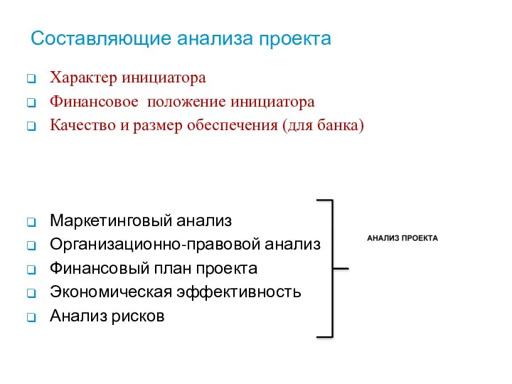 Составляющие анализа проекта Характер инициатора Финансовое положение инициатора Качество и размер обеспечения