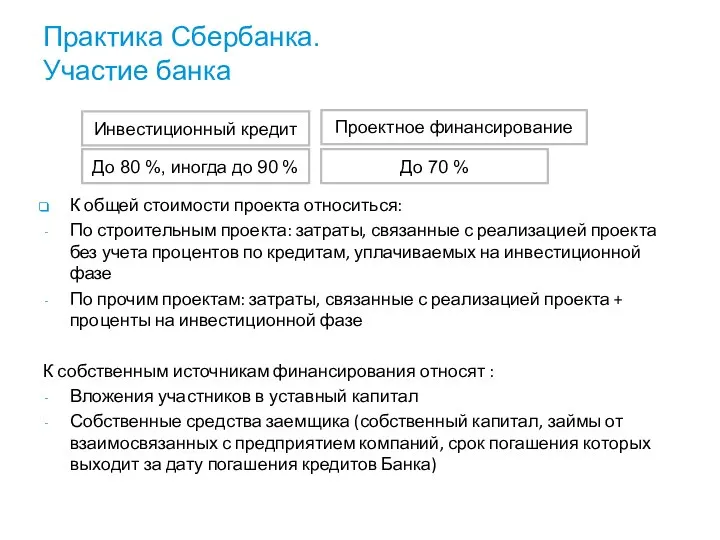 Практика Сбербанка. Участие банка К общей стоимости проекта относиться: По строительным проекта: