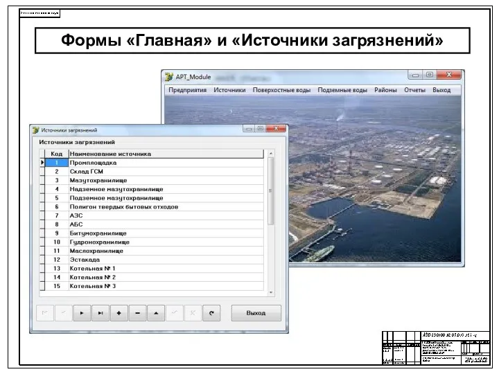 Формы «Главная» и «Источники загрязнений»